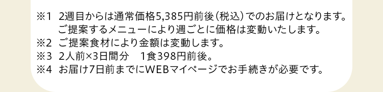 ※1  2週目からは通常価格4,385円前後（税込）でのお届けとなります。ご提案するメニューにより週ごとに価格は変動いたします。※2 ご提案食材により金額は変動します。※3 2人前×3日間分 1食398円前後。※4  旬の果物は定期ご入会後2週目にお届けさせていただきます。２週目のお届けがお休みの方は対象外となります。※5  お届け7日前までにWEBマイページでお手続きが必要です。