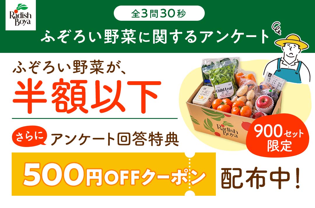 全3問30秒 農家さんお助けアンケート アンケート回答特典！ふぞろい野菜が半額以下 900セット限定