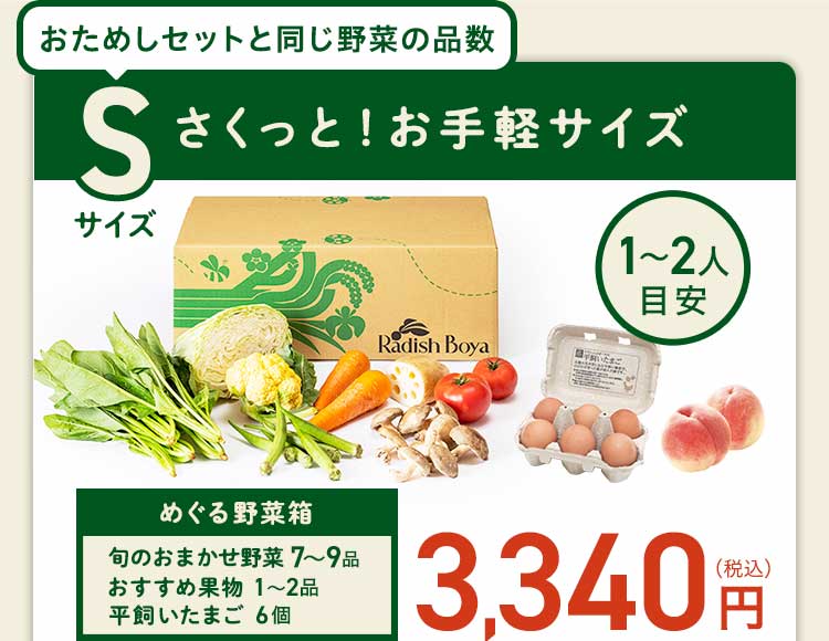 ＜1〜2人分＞まずはお手軽に旬の野菜を楽しむなら♪さくっと！お手軽サイズ　コース内容：［野菜BOX］旬の野菜7〜9品、旬の果物1~2品、平飼いたまご6個(通常規格〜ふぞろい含む)