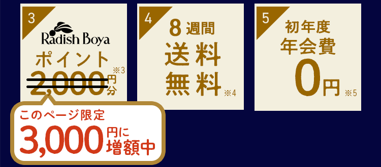 特典3:お買い物ポイント2000円 特典4:8週間送料無料※2 特典5:初年度年会費0円※3