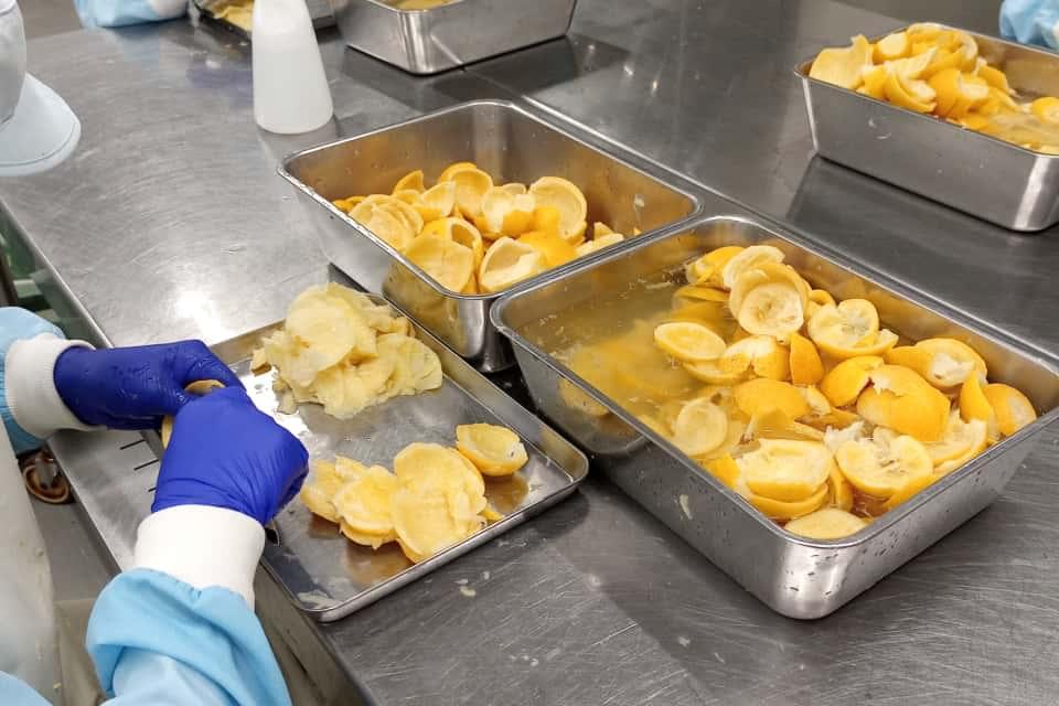 レモンの皮を一つ一つ丁寧に処理する様子。