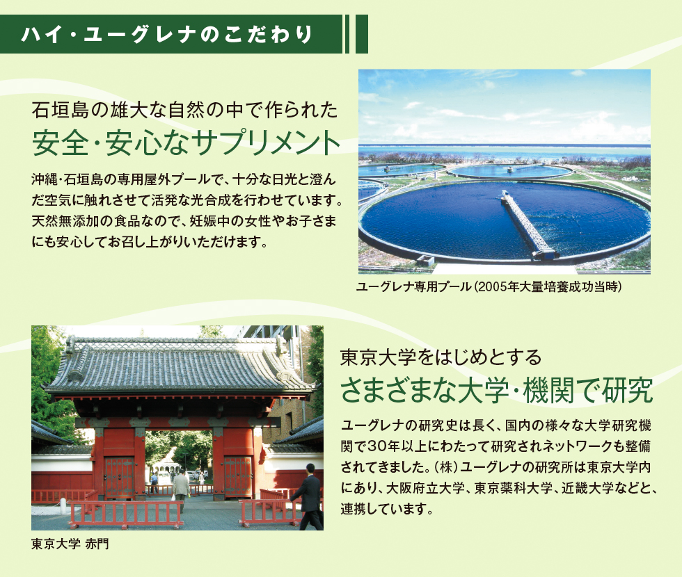 ハイ･ユーグレナのこだわりは石垣島の雄大な自然の中で作られた安全・安心なサプリメント。東京大学をはじめとする様々な大学・機関で研究されています。