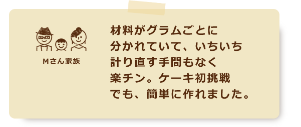 材料がグラムごとに分かれていて、いちいち計り直す手間もなく楽チン。ケーキ初挑戦でも、簡単に作れました。